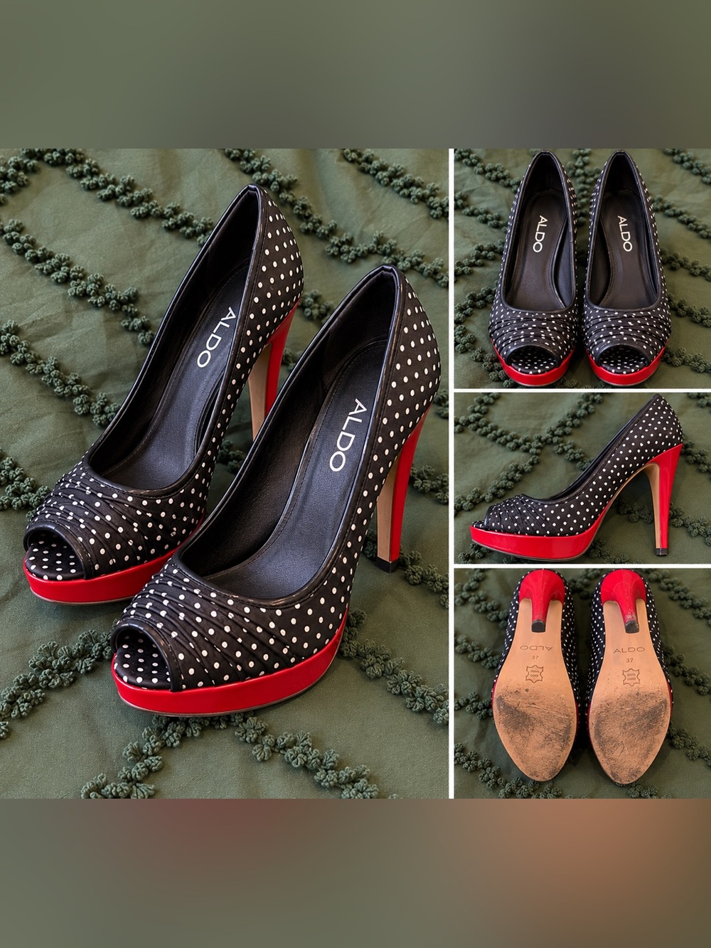 ALDO Women's Black Polka Dot Peep-Toe Pumps with Red Platform Heel